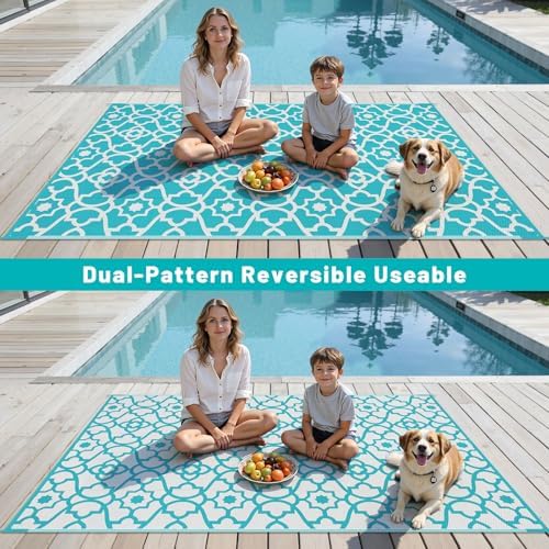 HEBE Waterproof Outdoor Rug 6'x9', Geometric Reversible Plastic Patio Rug - Image 3