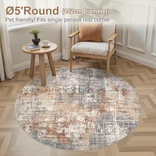 DMOYEST 5ft Round Area Rug Living Room Rugs - 5x5 Washable Large Soft Indoor Neutral Modern Abstract Low Pile Rug Carpet for Bedroom Dining Room Farmhouse Home Office - Grey Brown - Image 4