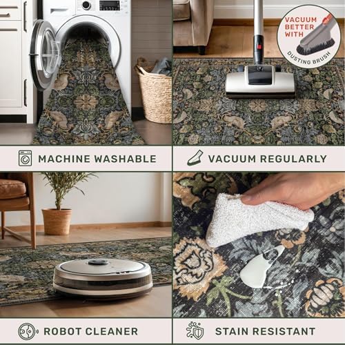 Washable Living Room Rug 6x8 - Green Floral Nature Rugs for Bedroom, Office, Dining Room Kitchen Table Rug for Under Table, Non-Slip Stain Resistant Low Pile Throw Carpet Indoor Door Mat - Image 4