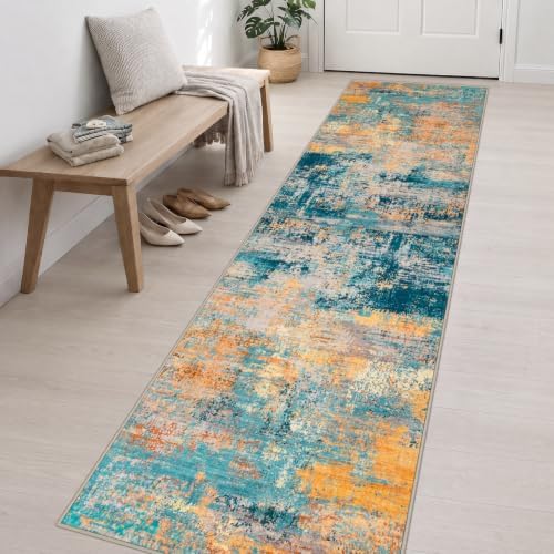 2.6x14 Washable Runner Rug:Modern Abstract Soft Carpet Rosy Haze - Image 3