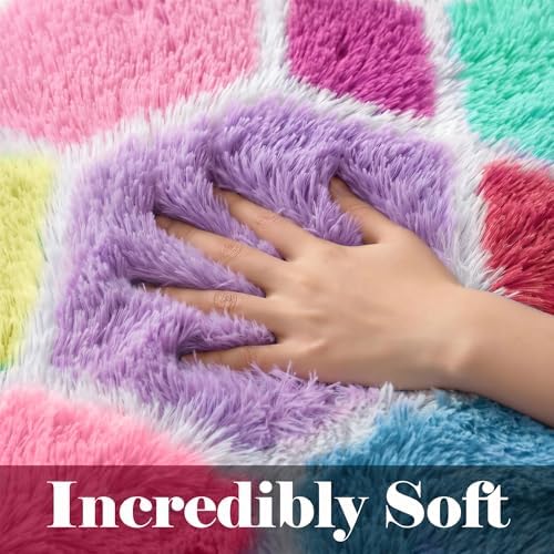 Checkered Pink Rainbow Area Rugs, Fluffy 5x8 Geometric Rug for Girl Bedroom - Image 2