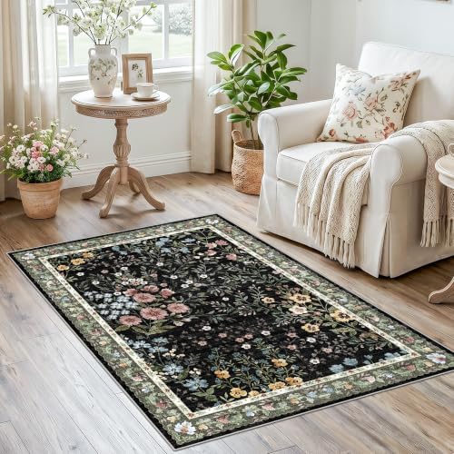 3x4 Washable Entryway Area Rug: Non Slip Floral Washable Entry Rug Living Room Area Rug for Indoor Floor Kitchen Bedroom - Soft Thin Door Mat Carpet Boho Vintage Home Decor (3'x4', Black) - Image 5