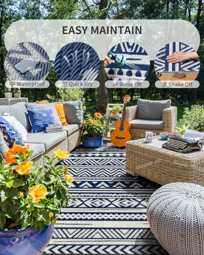 MontVoo Outdoor Rug 8x10 Waterproof Outdoor Patio Rug Mat Reverisble Plastic Straw Outdoor Rug for RV Camping Picnic Beach Balcony Boho Navy Blue - Image 2