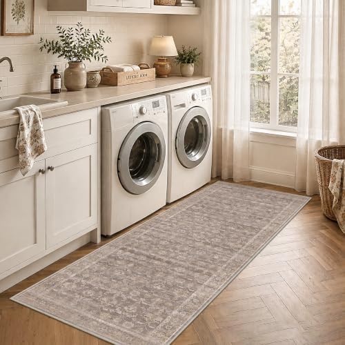 Kitchen Washable 2.6x8 Runner Rug Soft Retro Throw Carpet Taupe Wheat - Image 4