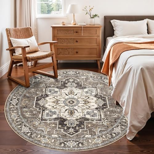 RUUGME Ultra-Thin Washable Round Rug - 6ft Large Dining Room Round Area Rug Vintage Stain Resistant Carpet for Living Room Bedroom Non-Slip Backing Soft Low Pile Floor Mat for Nursery(Beige,6'Round) - Image 3