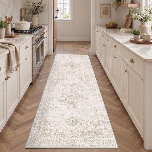 Washable 2.6x8 Kitchen Runner Rug Soft Medallion Neutral Beige Carpet - Image 2