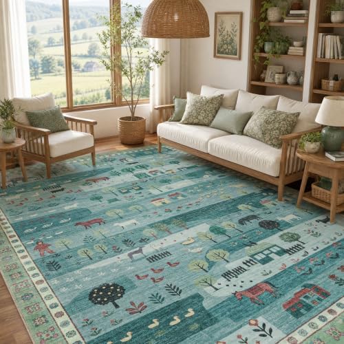 Machine Washable Area Rug 6x9, Soft Whimsical Rug, Vintage Farmhouse Green by SparkleGaze