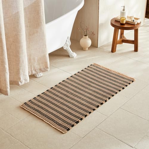 TYUU Waffle Bath Mat, Boho Bathroom Rugs Non Slip, 48x24 Black & Khaki by TYUU