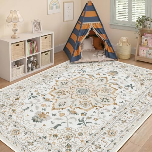 CAPALOCA 9x12 Washable Nursery Girls Low Pile Area Rug Beige White - Image 3