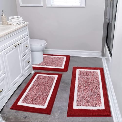 Pauwer 3 Piece Bathroom Rug Set, Non Slip Washable Bath Mat, Red by Pauwer