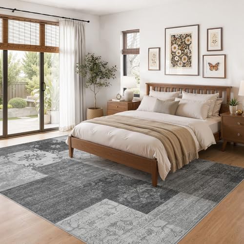 UERMEI 9x12 Area Rug for Living Room - Washable Vintage Carpet, Non-Slip Soft Large Indoor Floor Rugs for Bedroom Home Office & Under Dining Table Decor, Gray Block - Image 3