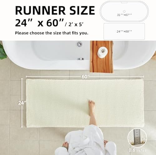 TYUU Cream White Waffle Runner Rug Bathroom, Long Boho Bath Mat, 60x24 - Image 2