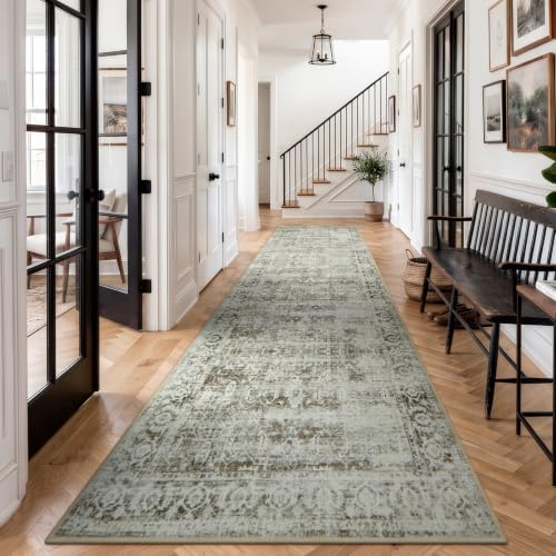 Morebes Vintage Long Runner Rug 2.5x12, Brown Distressed Non Slip Washable Hallway Runner, Soft Vintage Farmhouse Carpet Runner for Hallway 12ft Kitchen Entryway Laundry Room by Morebes