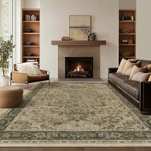 Retro 7x9 Area Rug for Living Room, Distressed Medallion Dining Room Rug Under Table, Washable Non Slip Thin Carpet Rugs for Bedroom Under Bed Home Office, Multi Brown/Olive by Jainmy