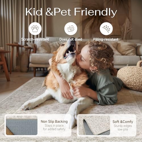 PureCozy 9x12 Beige White Area Rug Washable Non Slip Vintage Living Room - Image 2