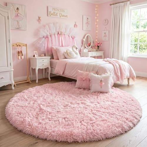 Amdrebio Pink Circle Round Fluffy Area Rug 4Ft for Girls Bedroom Kids Room - Image 2