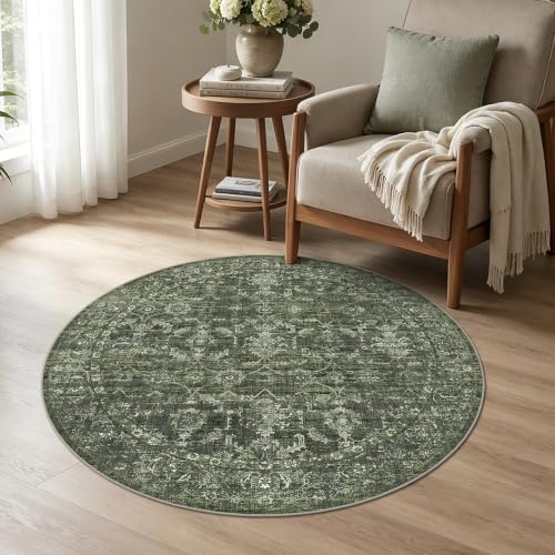 3ft Round Washable Office Rug Non-Slip Retro Dark Green Throw Carpet - Image 3