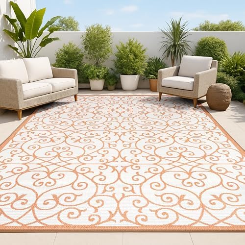 JONATHAN Y Vintage Filigree Indoor Outdoor Area Rug 3X5 Cream/Orange, Madrid Textured Weave for Backyard, Patio, Porch, Easy-Cleaning, High Traffic, Pet-Friendly, Non-Shedding (SMB107L-3) by JONATHANY