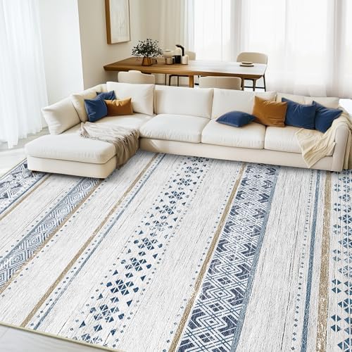 BESTSWEETIE 8x10 Area Rugs for Living Room Washable Moroccan Farmhouse Neutral Geometric Low Pile Non-Slip Soft Print Pattern Rug for Bedroom Kitchen Dining Room Entryway Blue/Brown by BESTSWEETIE