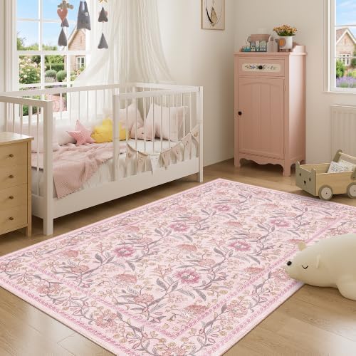 DUKINO 4x6 Area Rug, Washable Vintage Floral Rug for Living Room, Pink - Image 3