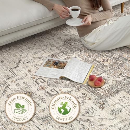 Washable 6x9 Area Rugs for Living Room: Soft Light Brown Vintage Rug - Image 5