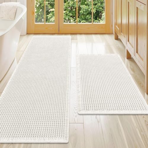 Smiry Waffle Bathroom Rugs Sets 2 Piece (72x24+30x20, White) by Smiry