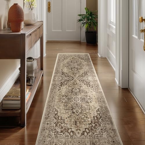 Brown Taupe 2x6 Hallway Runner Rug, Carpet Runners 6ft for Kitchen Non Slip Washable, Farmhouse Distressed Floor Runner for Entryway Front Door, Vintage Medallion Rug Runner Bathroom Bedroom by Jainmy