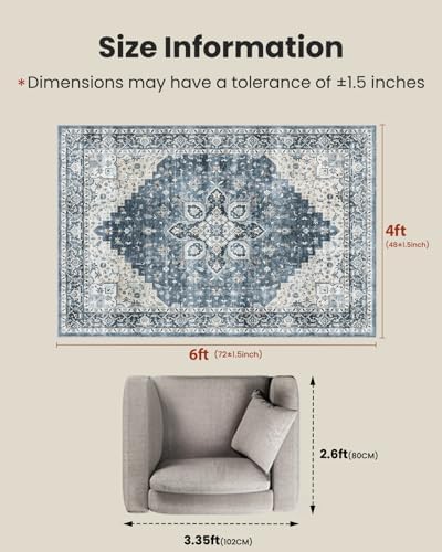 Amada 4x6 Washable Area Rug for Bedroom, Blue, Vintage Pattern - Image 2