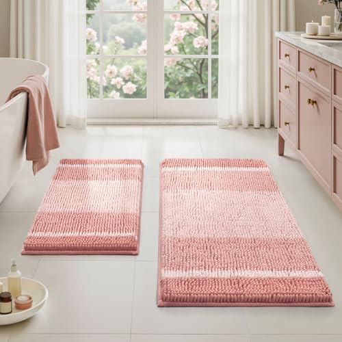 HOMEIDEAS Pink Bathroom Rugs Sets 2 Piece Chenille, 20"x32"+17"x24" by HOMEIDEAS