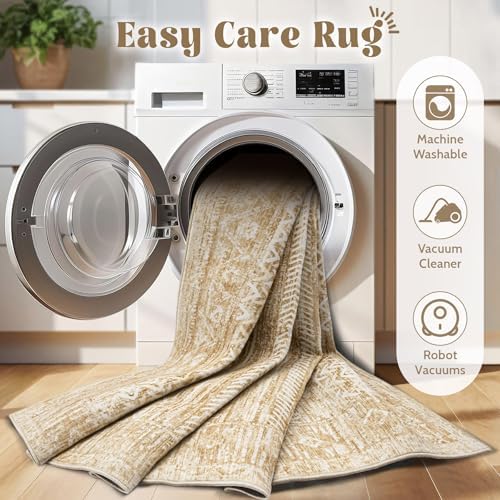 6x9 Area Rugs for Living Room: Washable Moroccan Geometric Boho Rug Farmhouse Non Slip Stain Resistant Large Rug Low Pile Soft Carpet for Bedroom Dining Room Home Office Kids Room (Light Brown,6'x9') - Image 4