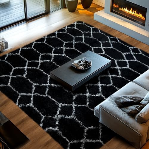 8x10 Fluffy Area Rugs Black and White: Large Geometric Shag Living Room Rug - Image 3