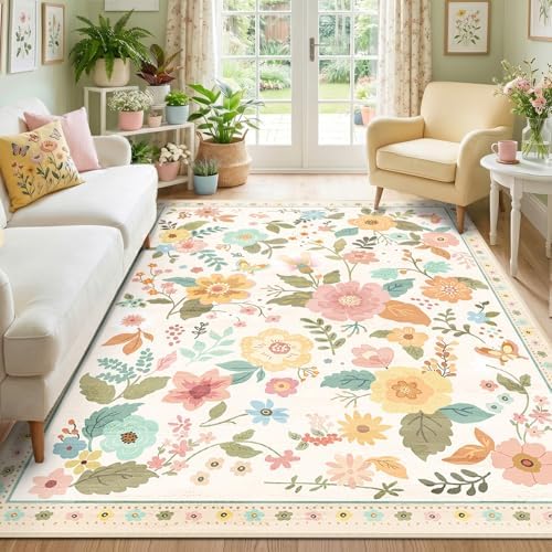 RELEANY Floral Washable 5x7 Area Rugs Beige/White/Orange by RELEANY