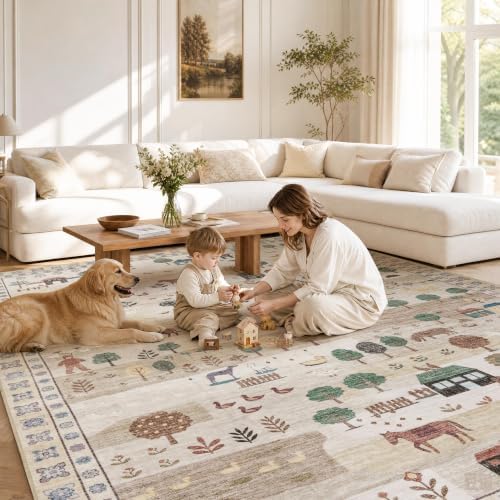 Machine Washable Area Rug 8x10 Ft, Whimsical Rug, Vintage Farmhouse, Beige - Image 3