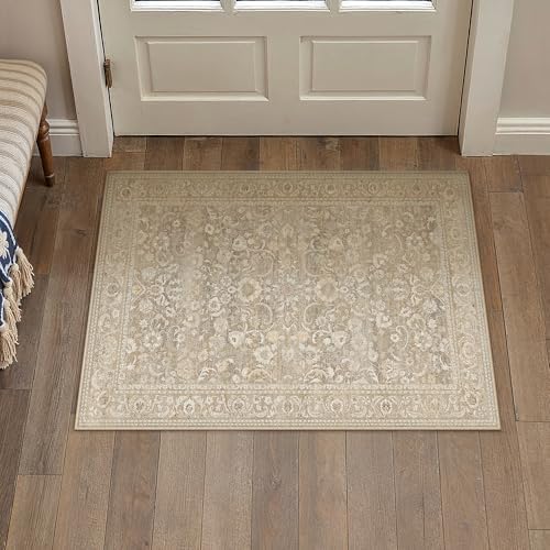 PureCozy Beige Area Rug 2x3 Entryway Vintage Floral Non-Slip Door Mat - Image 3