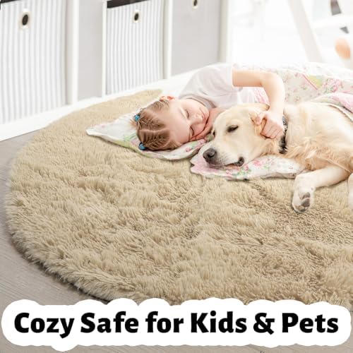 Amdrebio Beige Boho Round Circle Fluffy Area Rug 4Ft for Bedroom Nursery - Image 3