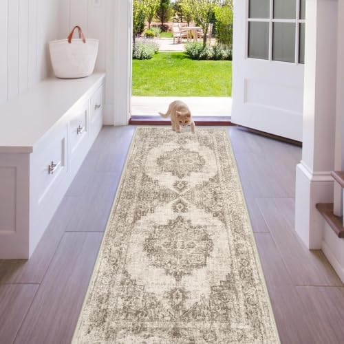 Area Rug 2x6 Runner Rugs: Washable Vintage Hallway Rug Indoor Medallion Rugs Low Pile Distressed Floor Carpet Retro Accent Rug for Kitchen Bedroom Bathroom Dining Room(Taupe, 2'x6') by ZomfyRugs