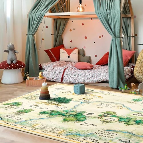 Estmy 8x10 Washable Nursery Rug, Cute Woodland Kids Play Mat for Girls Boys Neutral Soft Crawling Play Mat for Classroom Children Toddlers Bedroom Stain Resistant Easy to Clean, 100 Acre Wood Map Rug - Image 2