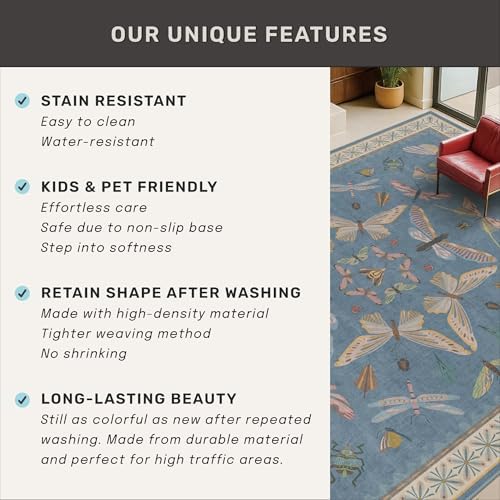3x6 Washable Rug, Ultra Soft Runner Rug for Bathroom, Large Kitchen, Kids Bedroom Bedside & Entryway, Non Slip Low Pile Stain & Fade Resistant Area Rug, Dusty Blue Insect Design - Image 6