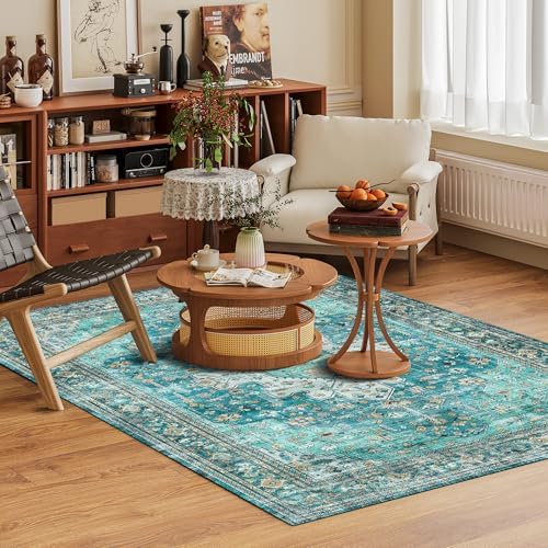 Washable Area Rug 3' x 5 ' Vintage Traditional Persian Mat - Foldable Distressed Non-Slip Machine Washable Carpet for Living Room Bedroom Kitchen Home Decor - Teal and Gold - Image 2