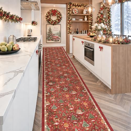 Christmas 2x12 Runner Rugs for Hallway, Red Non Slip Washable Kitchen Rug - Image 5