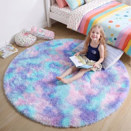 Amdrebio Purple Rainbow Mermaid Shag Round Rug 5Ft for Kids Girls Bedroom by Amdrebio