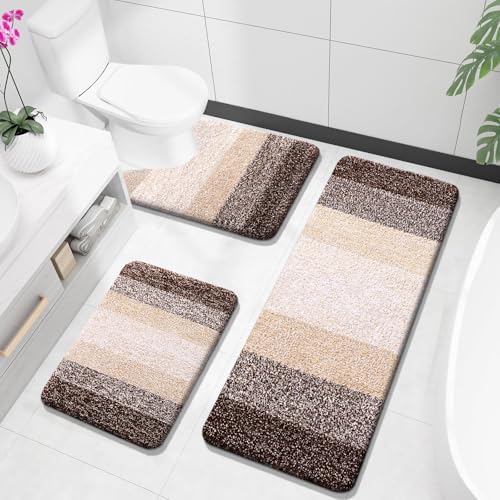 OLANLY Microfiber Bathroom Rugs Sets 3 Piece, Absorbent Bath Mats, Brown by OLANLY