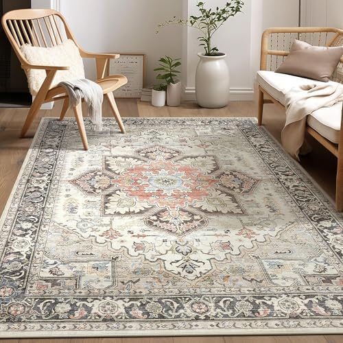 Vintage 5x7 Rugs for Living Room Washable Area Rug Multi Cream by homewill