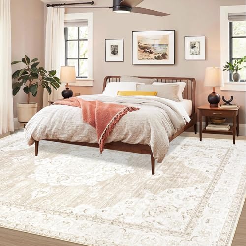 Vintage Living Room Area Rug - 6x9 Large Machine Washable Boho Moroccan Rug Distressed Farmhouse Rugs for Bedroom - Soft Non-Slip Indoor Carpet for Dining Room Office Nursery(Boho Beige, 6'x9') - Image 4