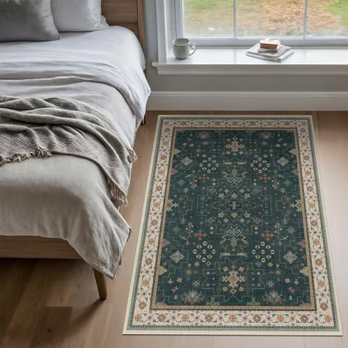 Dark Green Oushak 3x6 Kitchen Rug - Modern Vintage Boho Floral Moody, Washable Low Pile Non-Slip Area Rugs for Large Entryway, Door Mat Indoor Entrance, Kitchen, Bedroom Beside Bed - Image 6