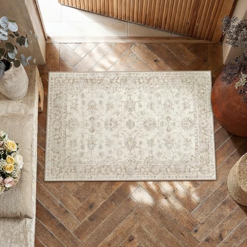 2x3 Beige Neutral Floral Entryway Area Rug - Image 2