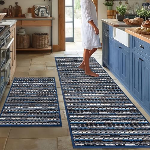 BSICPRO Kitchen Rugs Sets of 2, Non Slip Kitchen Mats for Floor, Navy Blue by BSICPRO