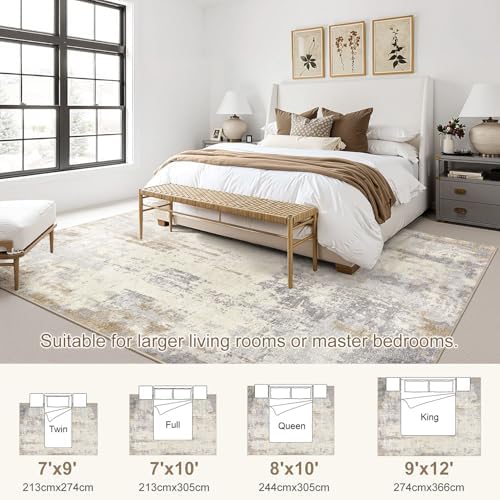 UERMEI 9x12 Area Rug Living Room Rugs - Washable Neutral Modern Abstract Soft Thin Rug Indoor Floor No Slip Rug Carpet for Bedroom Under Dining Table Home Office Decor - Light Brown/Gray - Image 3