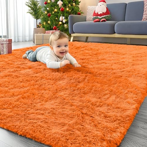 OLANLY Area Rugs for Living Room Bedroom, Machine Washable 4x5.9 ft Soft Fluffy Shaggy Bedside Rug, Indoor Floor Carpet for Kids Girls and Boys, Dorms, Nursery Rooms, Home Decor Aesthetic, Orange by OLANLY
