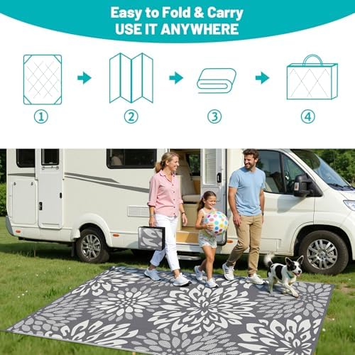 HEBE Waterproof Outdoor Rug 5'x8', Floral Reversible Plastic Patio Rug - Image 5